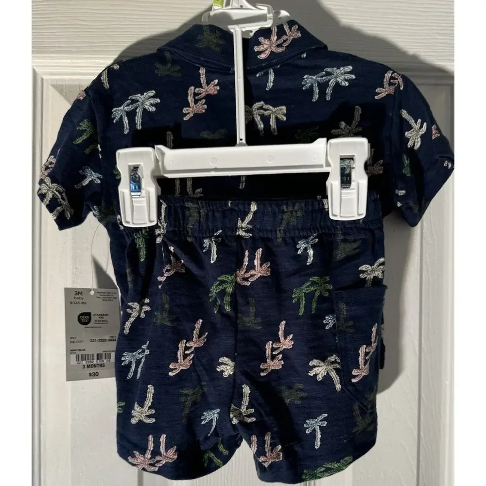 Okie‎ Dokie Neck & Shorts 3M 8-12.5 Lbs Navy/ Colorful Palm Trees 2 Pc Set